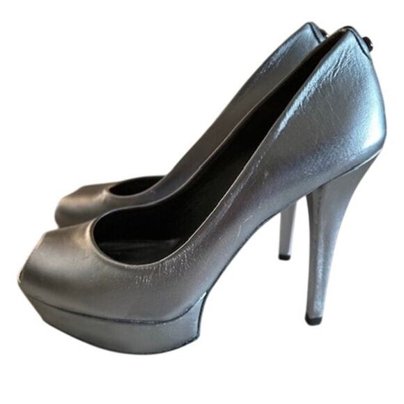 Stuart Weitzman Leather Silver Metallic Peep-Toe Heels – Size 7 Made is Spain - Picture 6 of 15